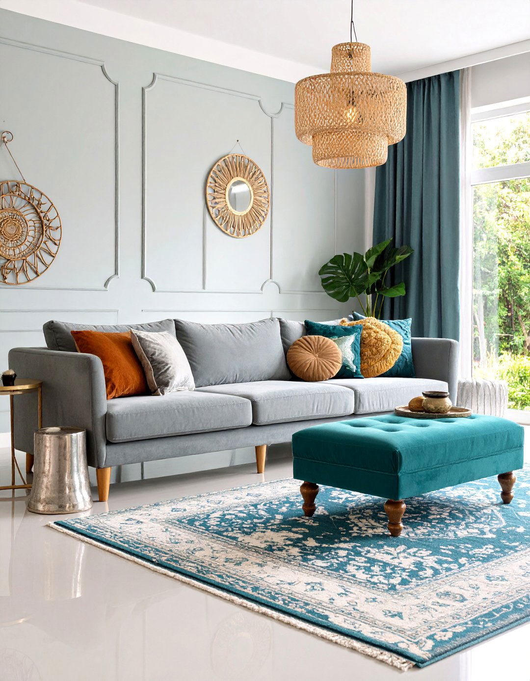 Bohemian Teal and Silver Grey Layers - 25 Teal and Grey Living Room Ideas