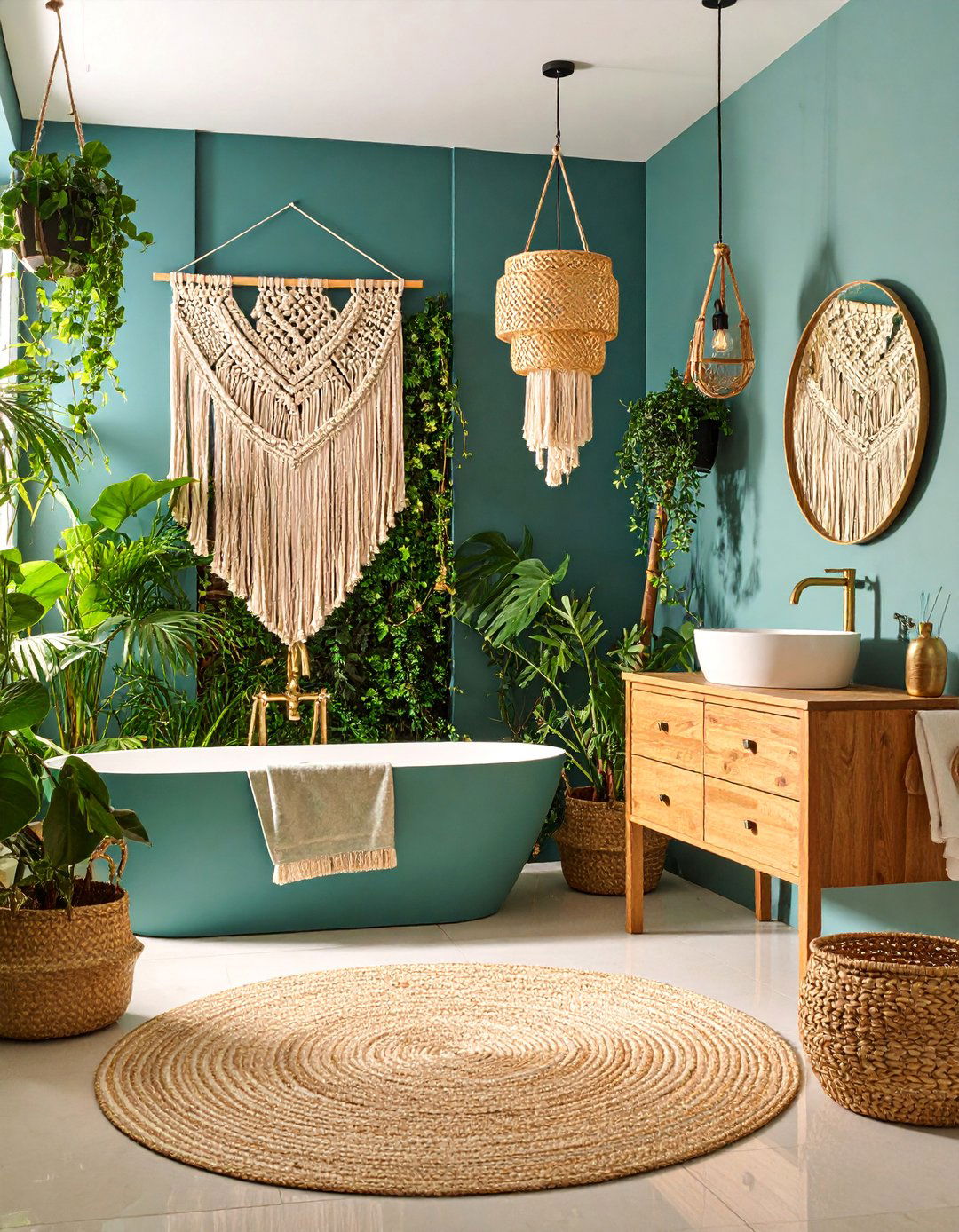 Bohemian Teen Bathroom with Macrame and Plants - 25 Teen Bathroom Ideas