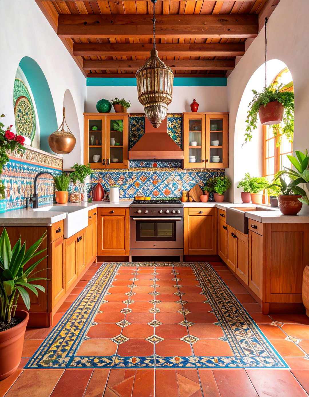 Bohemian Terracotta Kitchen Floor with Moroccan Zellige Border - 25 Terracotta Kitchen Floor Ideas
