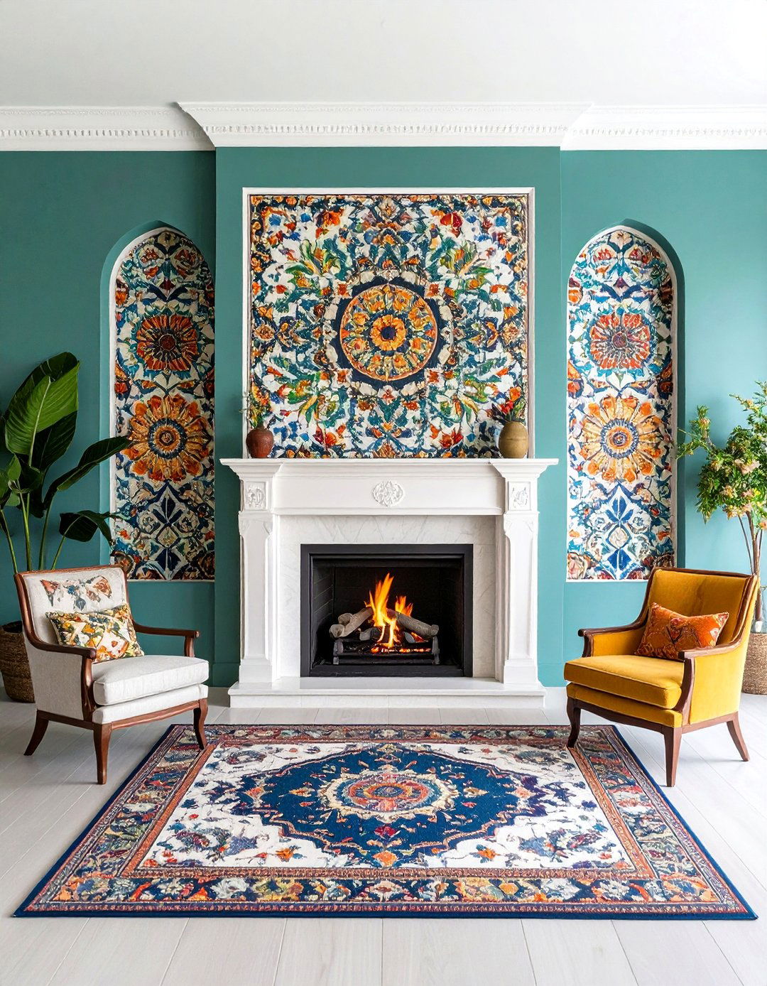 Bohemian Three Sided Fireplace with Colorful Tile Mosaic - 25 3 Sided Fireplace Ideas