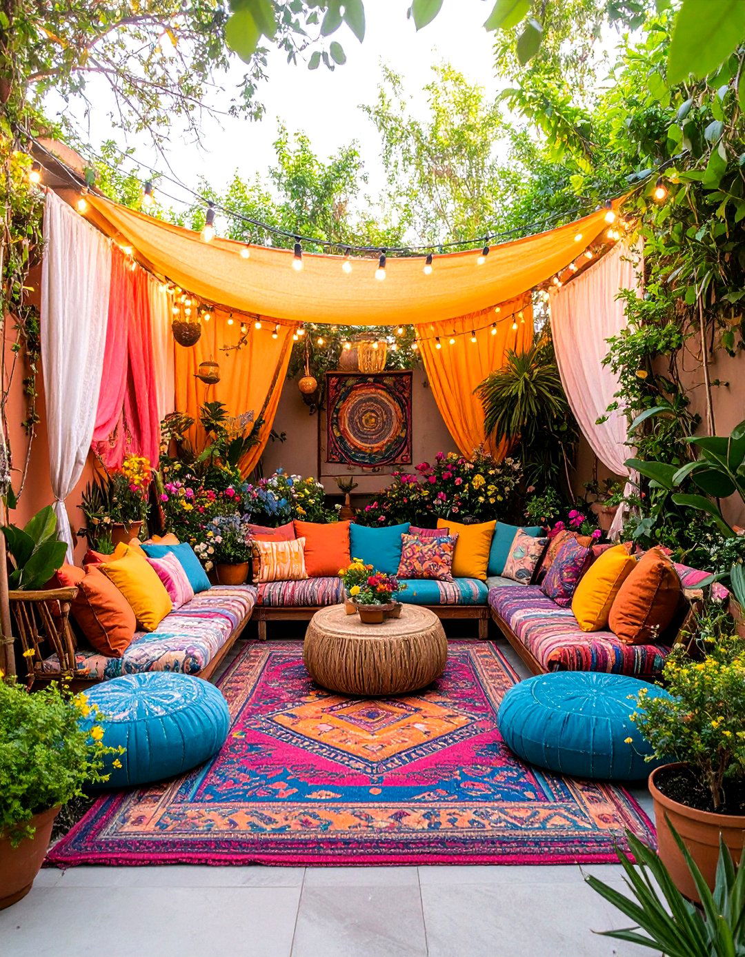 Bohemian Townhouse Backyard with Layered Textiles - 25 Townhouse Backyard Ideas