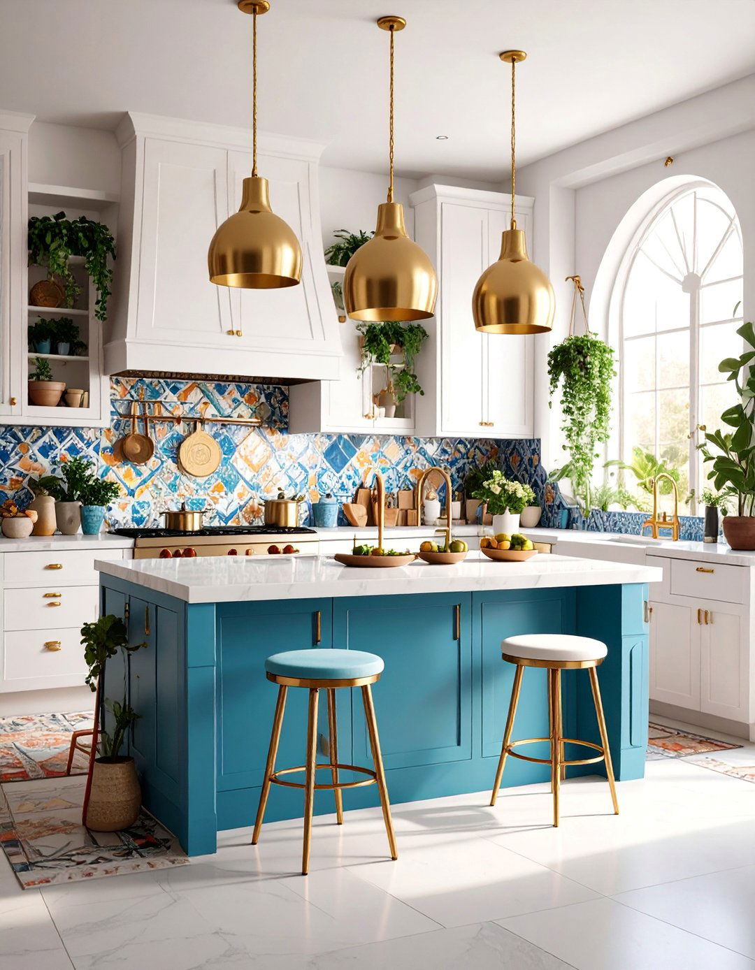 Bohemian White Kitchen with Mixed Gold Textures - 25 White and Gold Kitchen Ideas