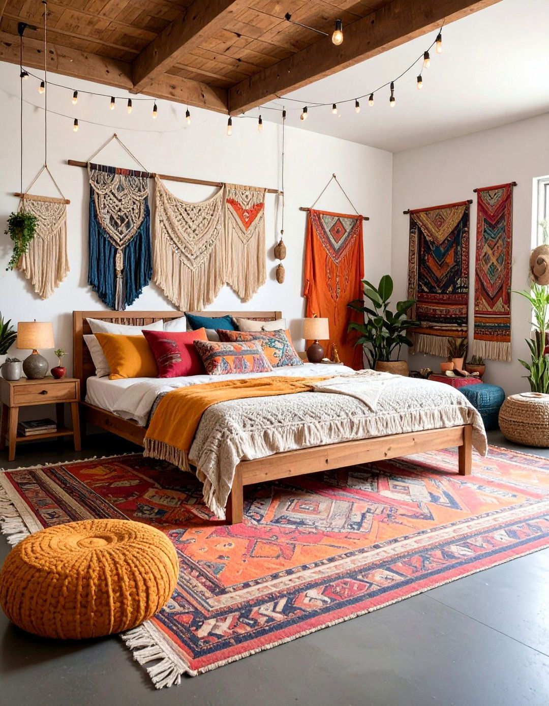 Boho Bedroom with Black Painted Concrete Floors and Layered Textiles - 25 Black Floor Bedroom Ideas