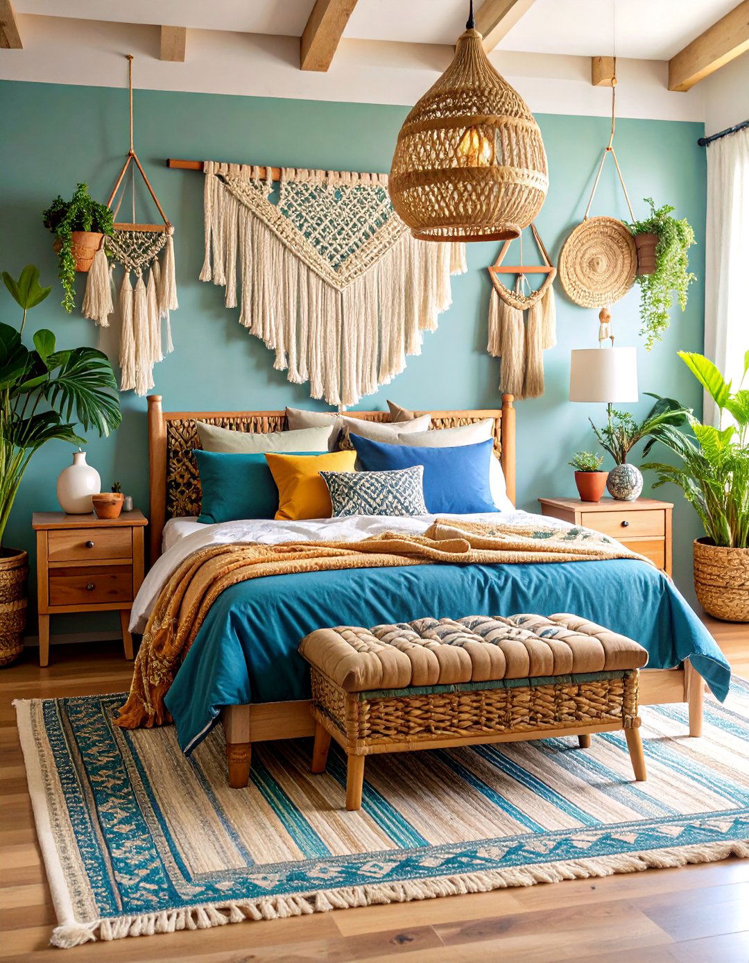 Boho Blue and Beige Layered Bedroom - 25 blue and beige bedroom ideas