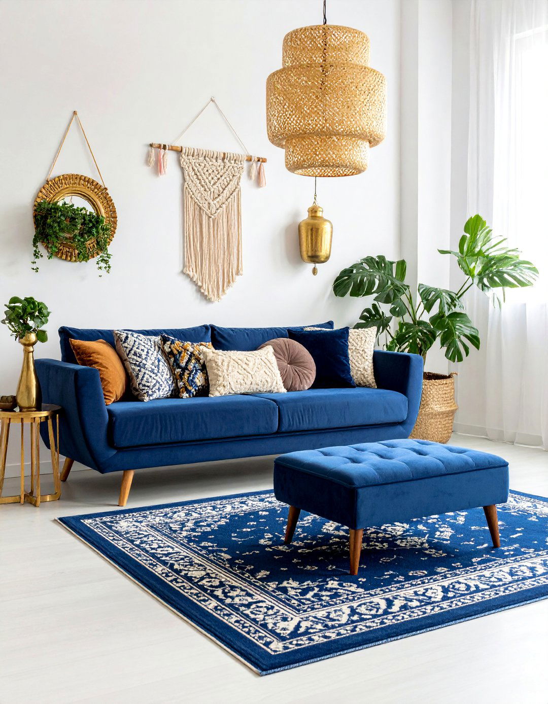 Boho Blue and Gold Living Room with Global Accents - 25 Blue and Gold Living Room Ideas