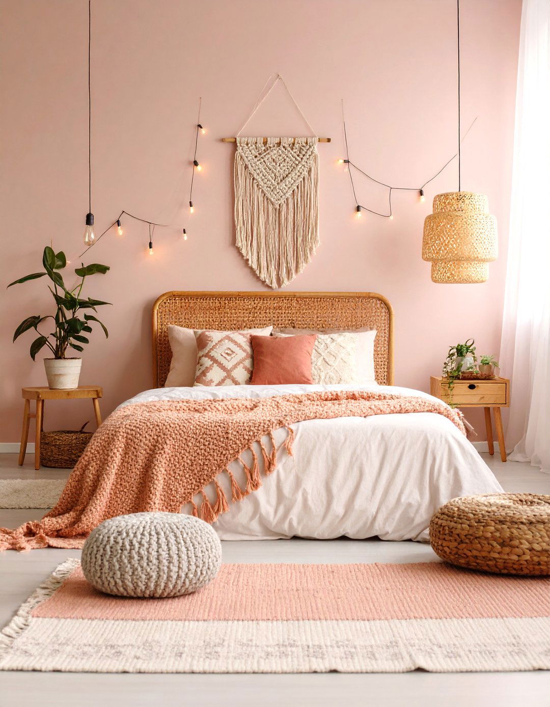 Boho Blush Pink Bedroom with Layered Macrame Textiles - 25 Blush Pink Bedroom Ideas