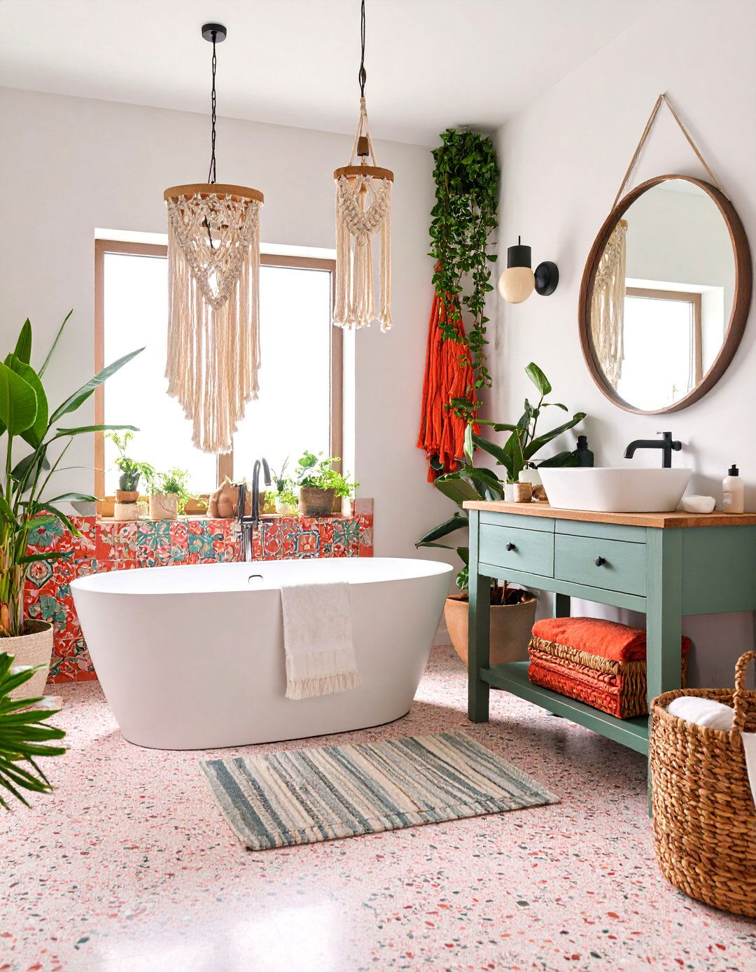 Boho Chic Bathroom with Terrazzo Flooring and Macrame Details - 25 Pink and Green Bathroom Design Ideas