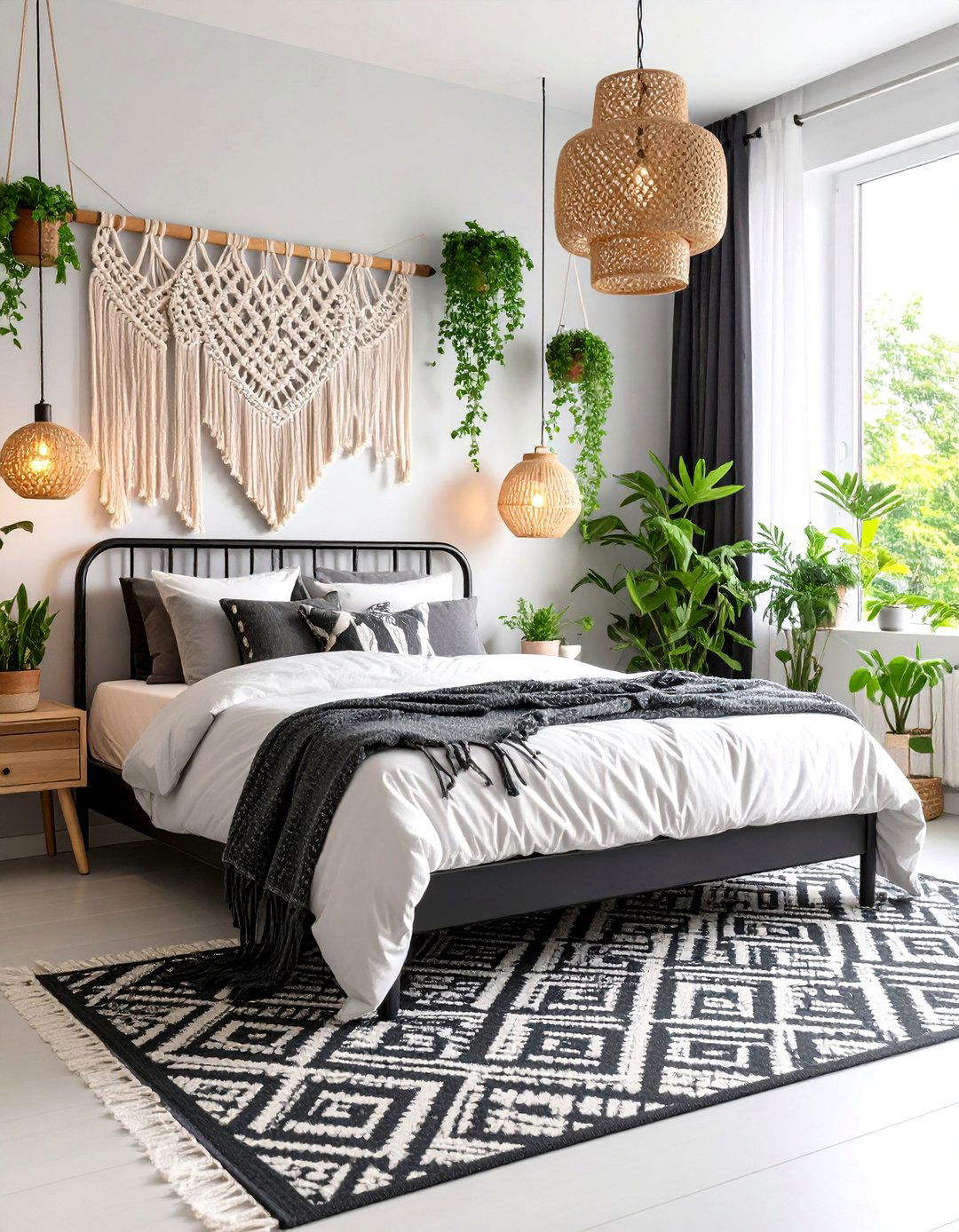 Boho Chic Black and White with Macrame Elements - 25 Feminine Black and White Bedroom Ideas