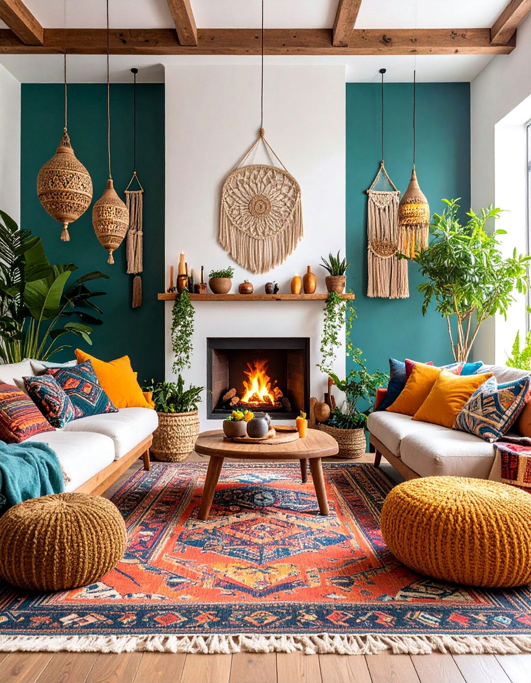 Boho Chic Fireplace with Layered Textiles and Global Influences - 25 Fireplace Decor Ideas