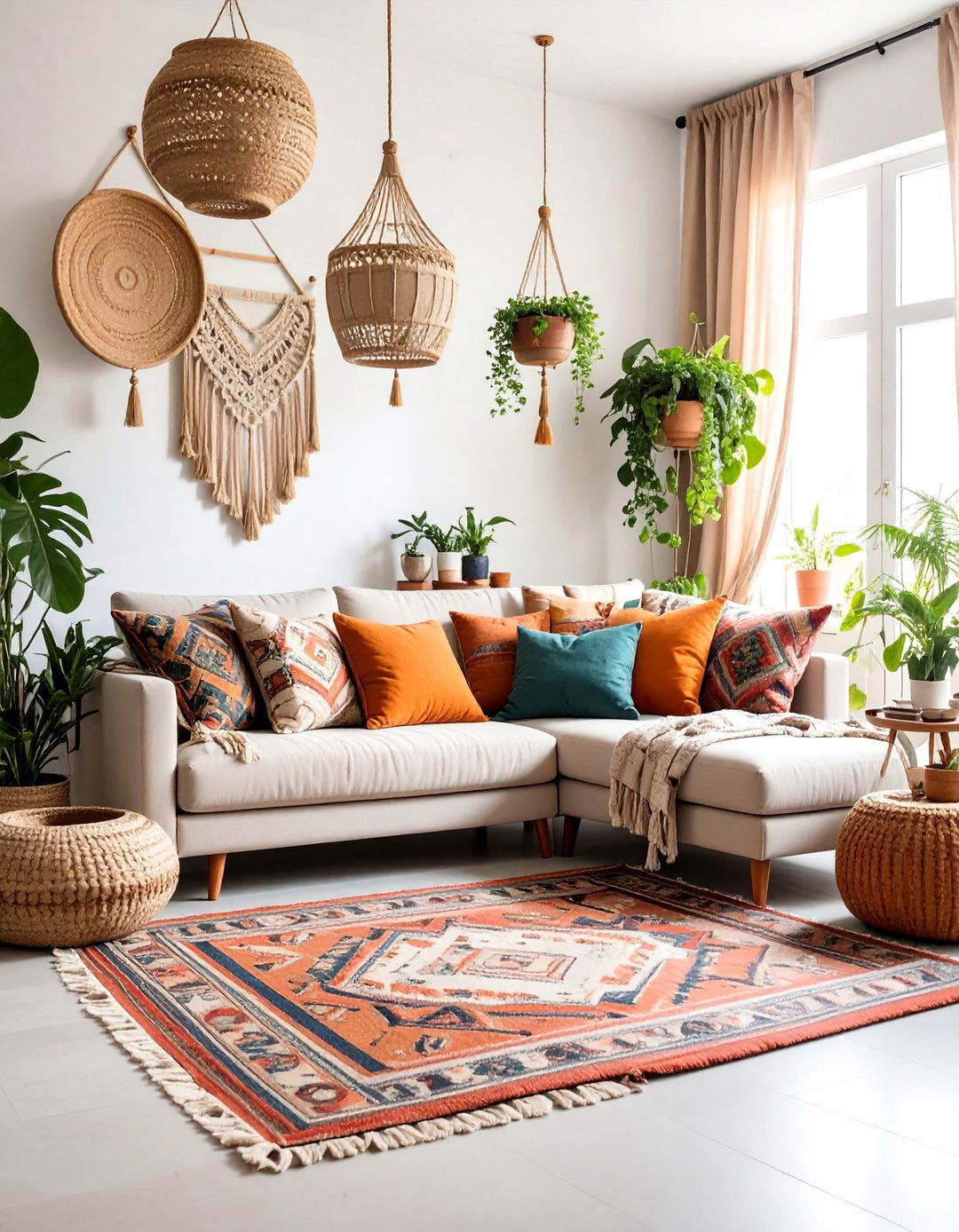 Boho Chic Living Room with Layered Textiles and Plants - 25 Pottery Barn Living Room Ideas