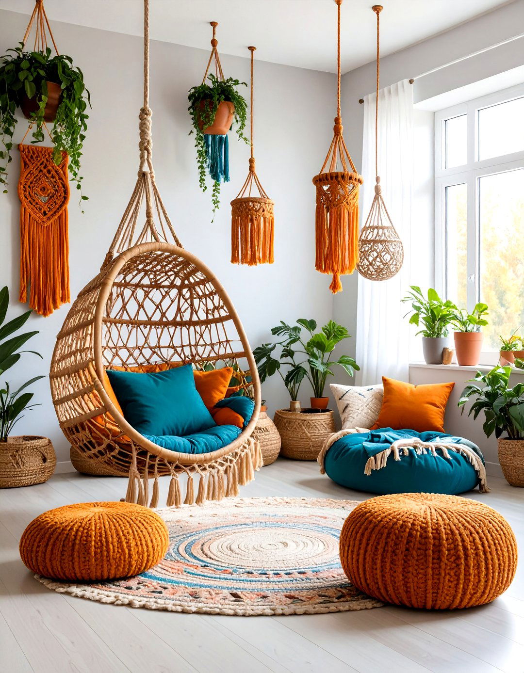 Boho Chic Lounge with Hanging Chair - 25 Teen Hangout Room Ideas