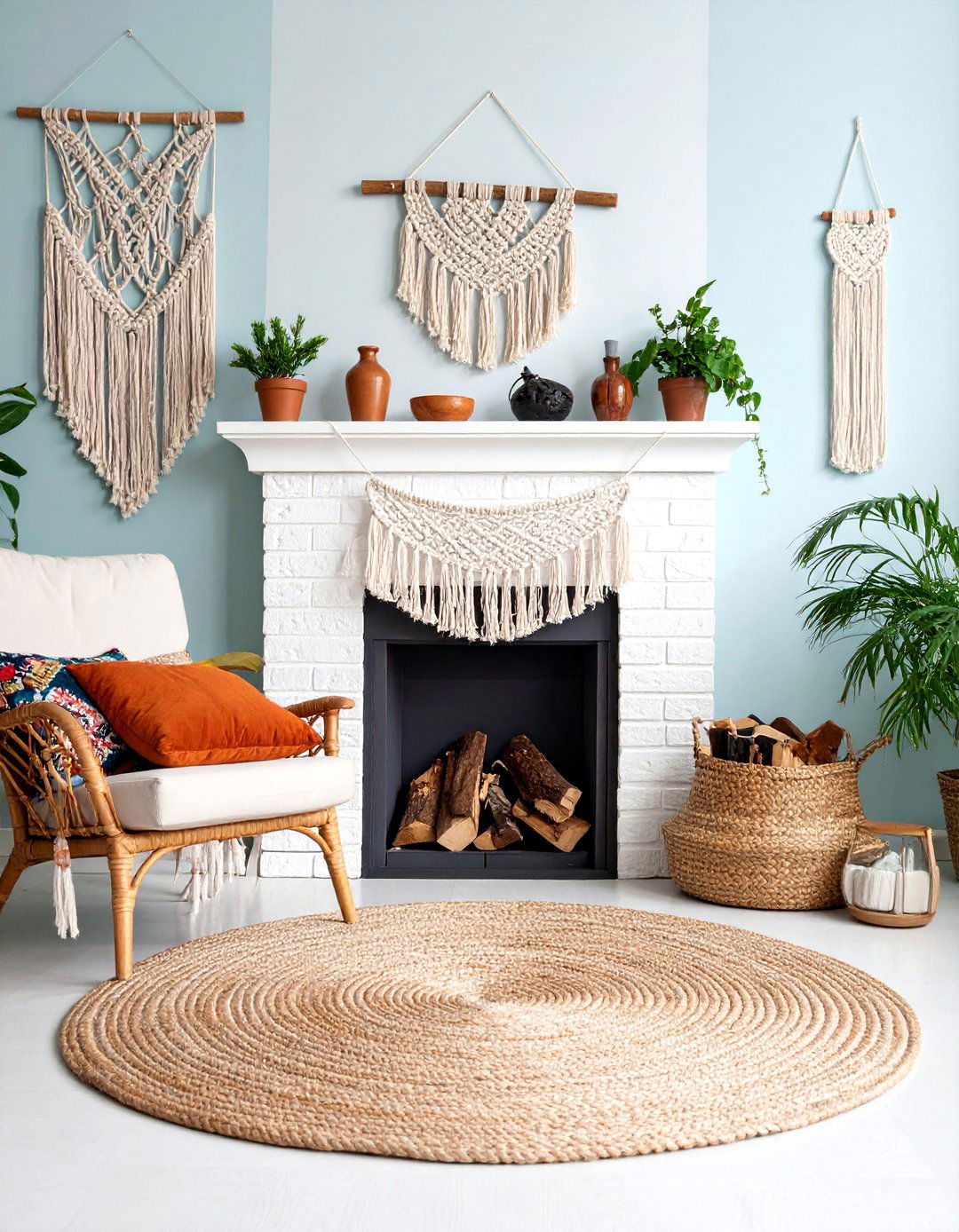 Boho Chic White Brick Fireplace with Macrame and Plants - 25 White Brick Fireplace Ideas