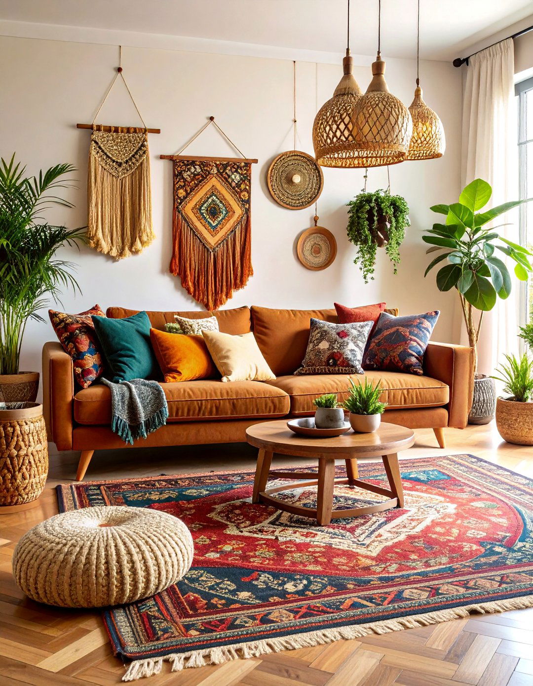 Boho Dark Brown Velvet Couch with Layered Textiles - 25 Dark Brown Couch Living Room Ideas