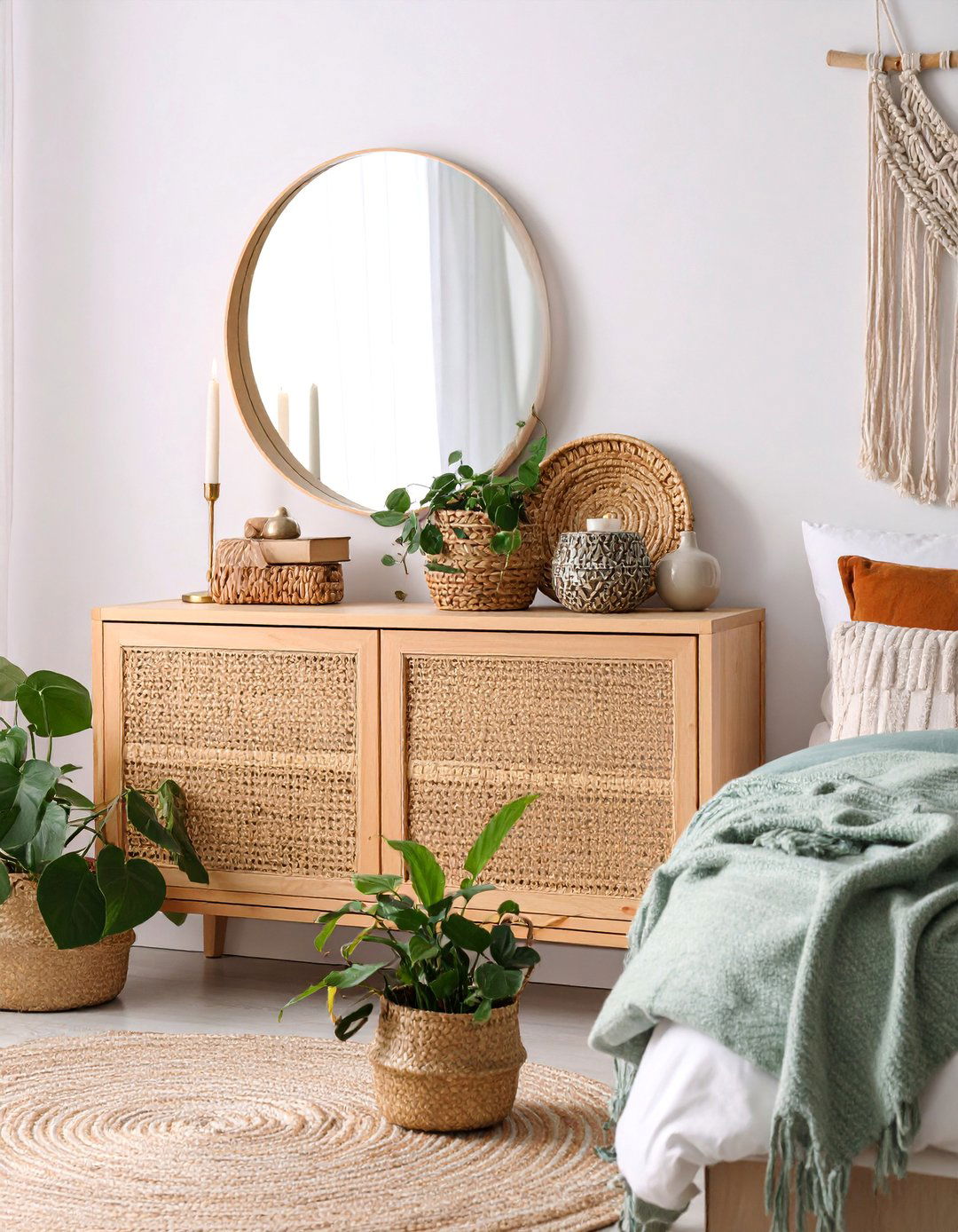 Boho Eclectic Dresser Display with Layered Textures - 25 Dresser Decor Ideas