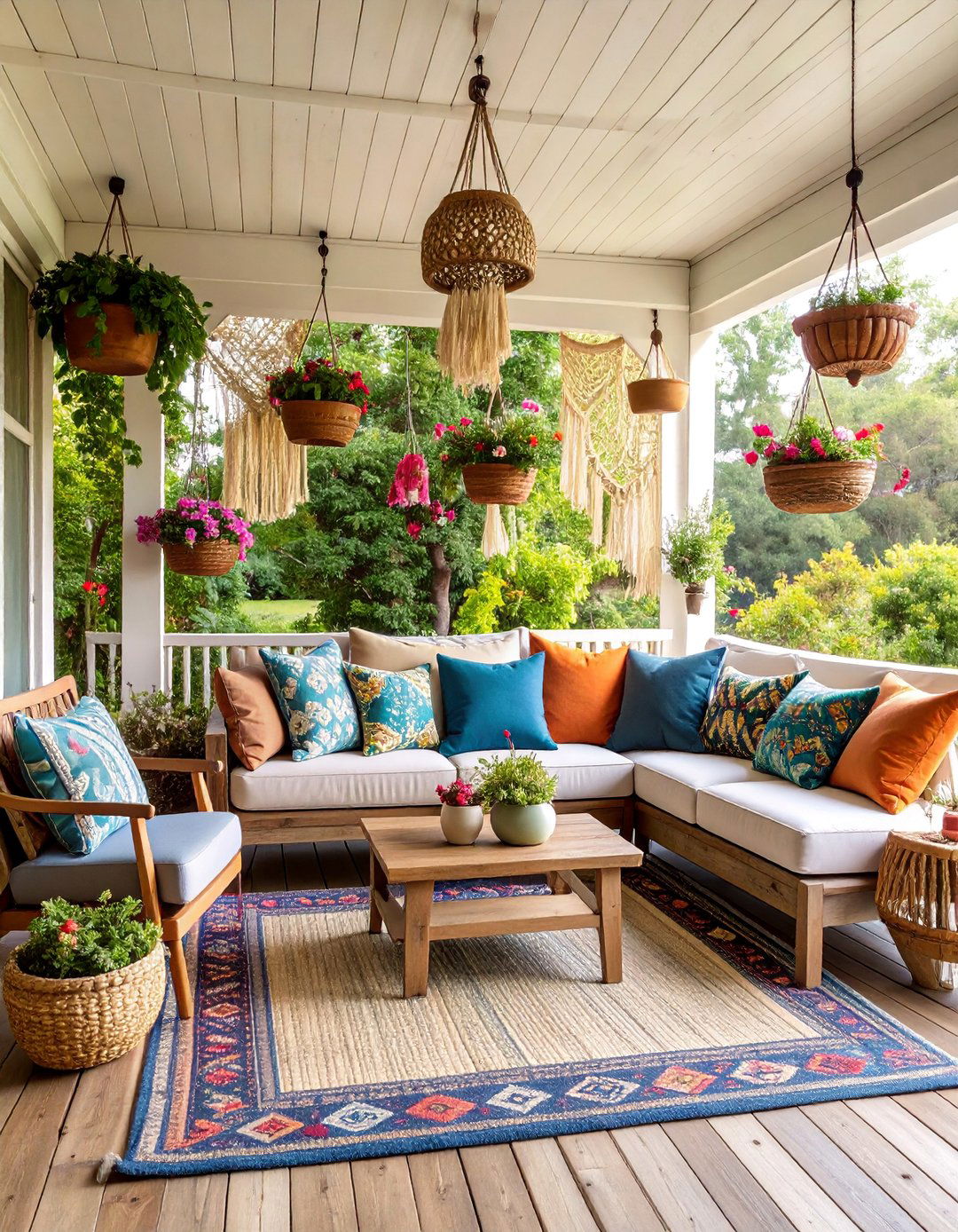 Boho Farmhouse Back Porch with Layered Textiles - 25 Back Porch Ideas