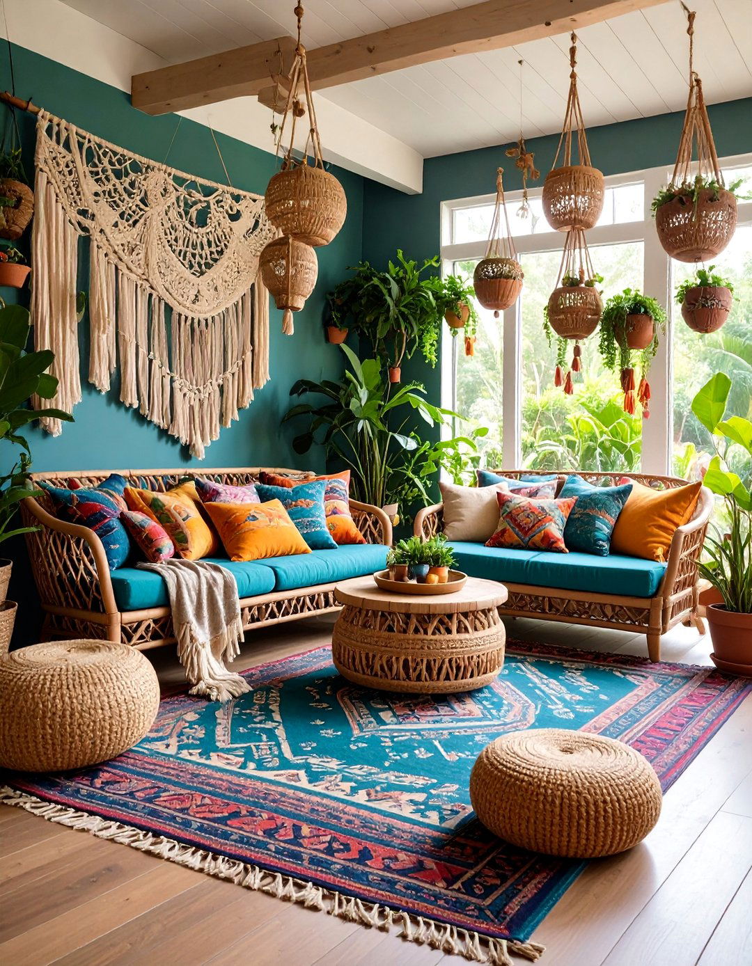 Boho Farmhouse Sunroom with Layered Textiles - 25 Farmhouse Sunroom Ideas
