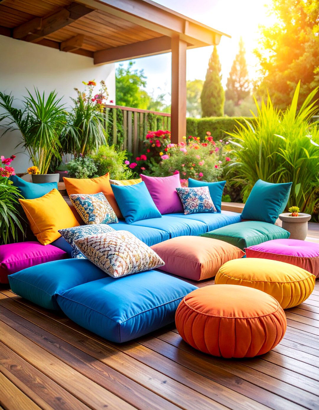 Boho Floor Cushion Setup with Layered Textures - 25 Outdoor Seating Ideas
