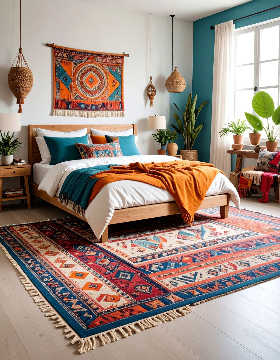 Boho Layered Bedroom Rugs with Mixed Patterns - 25 bedroom rug ideas