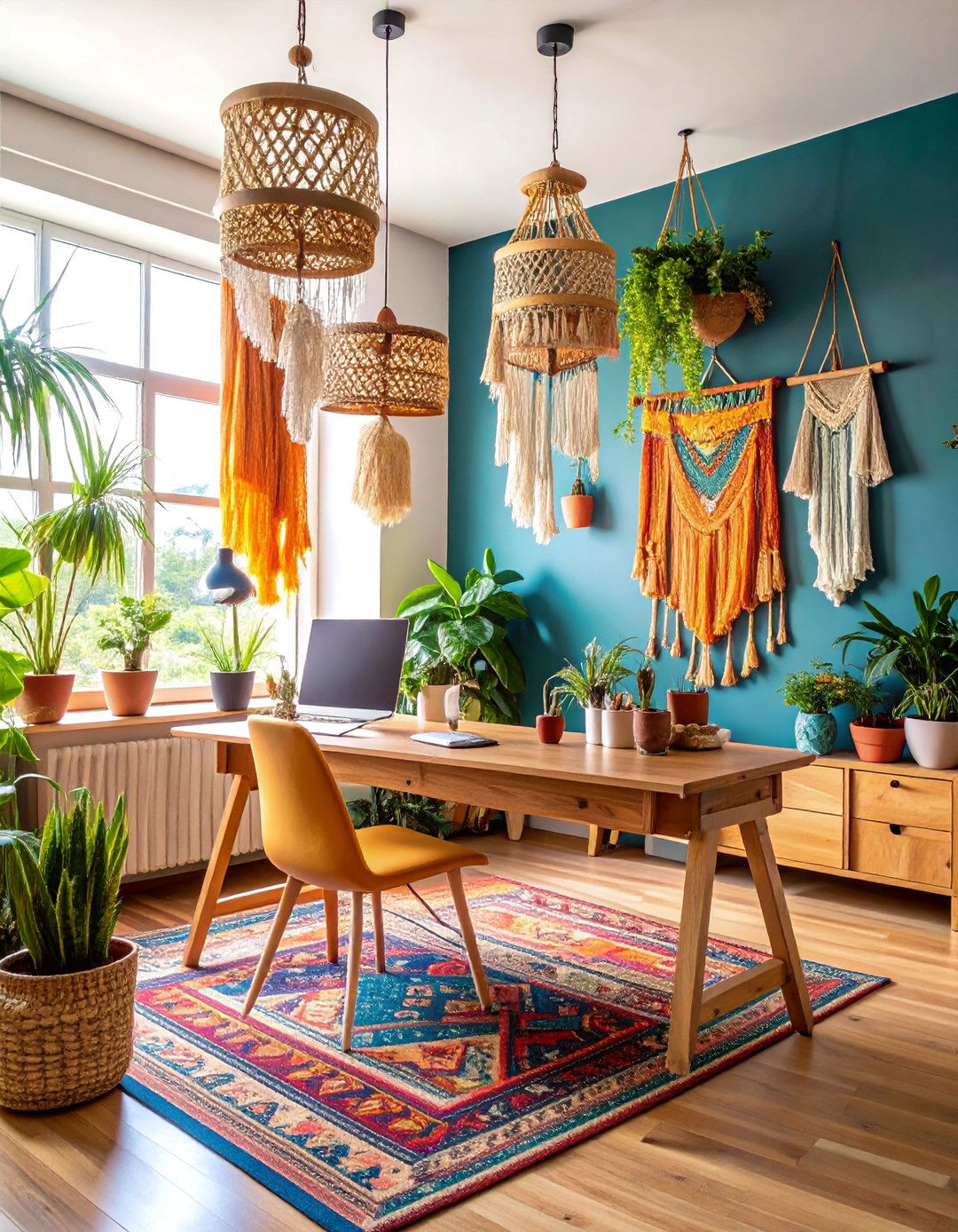 Boho Office with Layered Textiles and Natural Elements - 25 Small Office Ideas