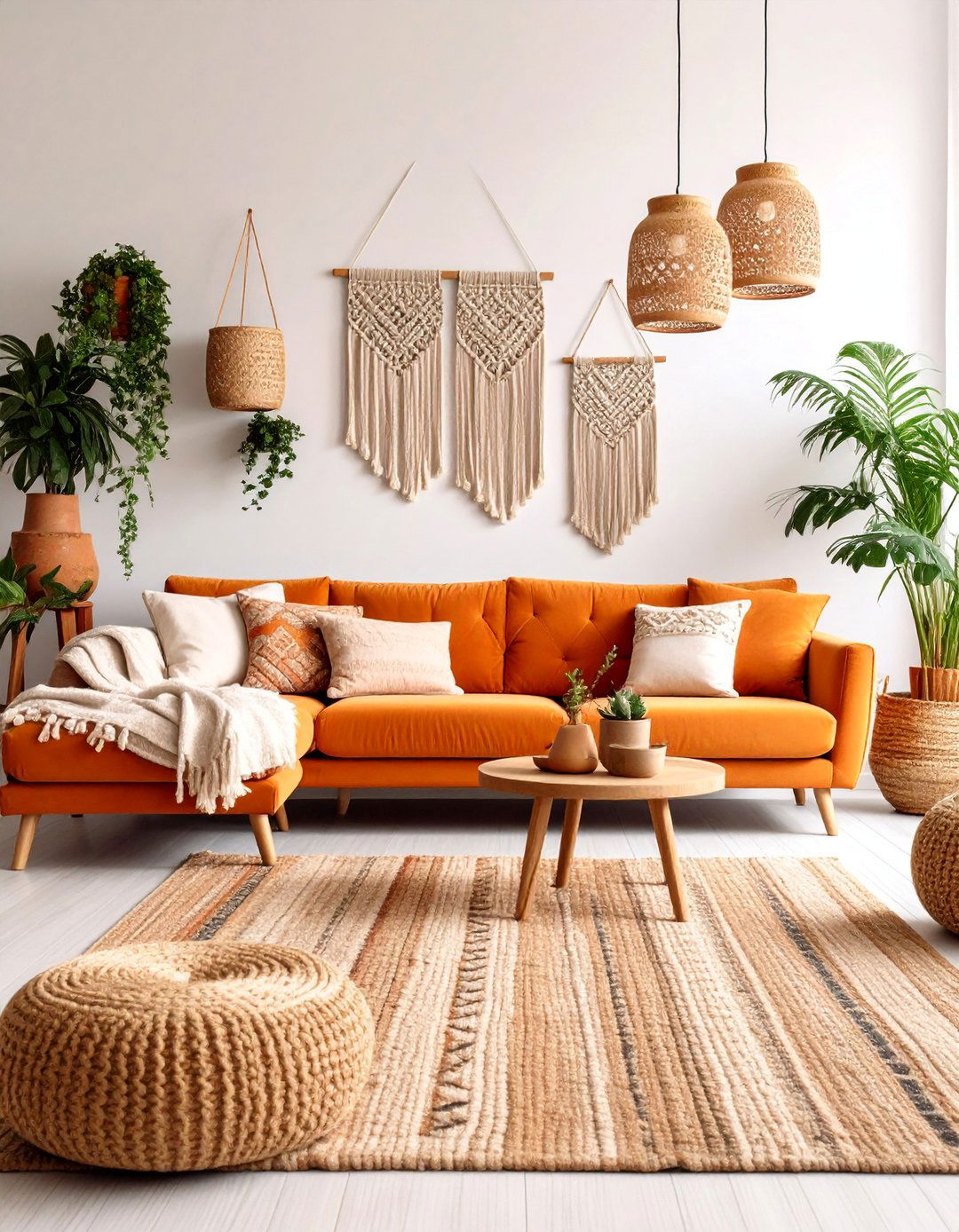 Boho Orange Couch Living Room with Layered Textiles - 25 Orange Couch Living Room Ideas