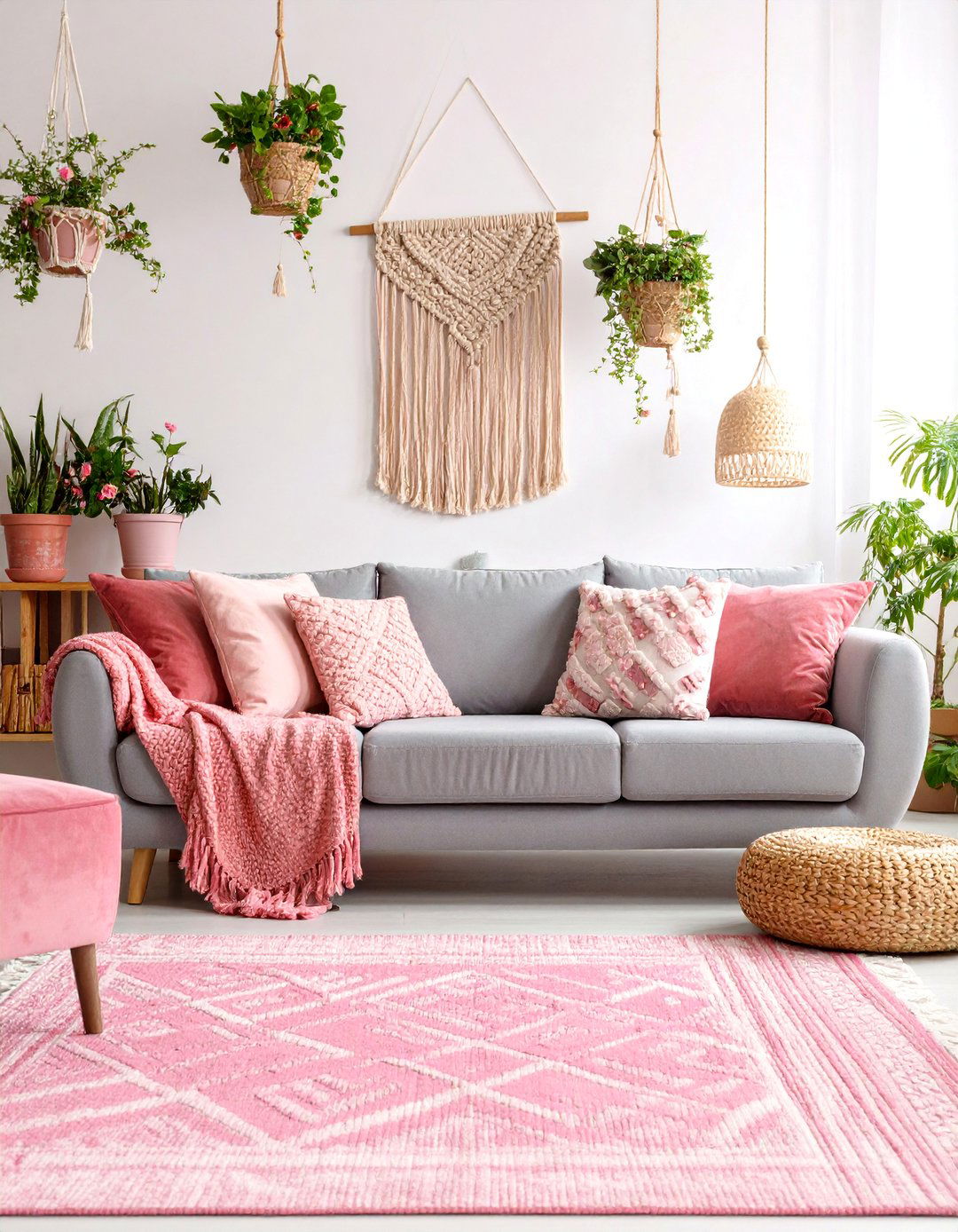 Boho Pink and Grey Living Room with Layered Textures - 25 Pink and Grey Living Room Ideas