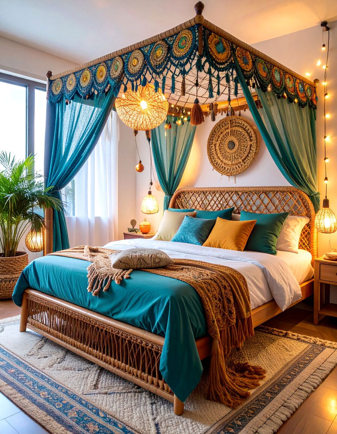 Boho Rattan Bed with Macrame Canopy Details - 25 rattan bedroom furniture ideas