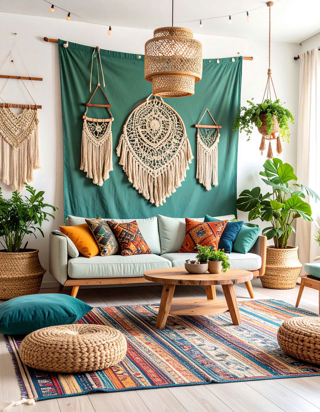 Boho Rustic Blend with Sage Green Tapestry Wall - 25 Rustic Sage Green Living Room Ideas