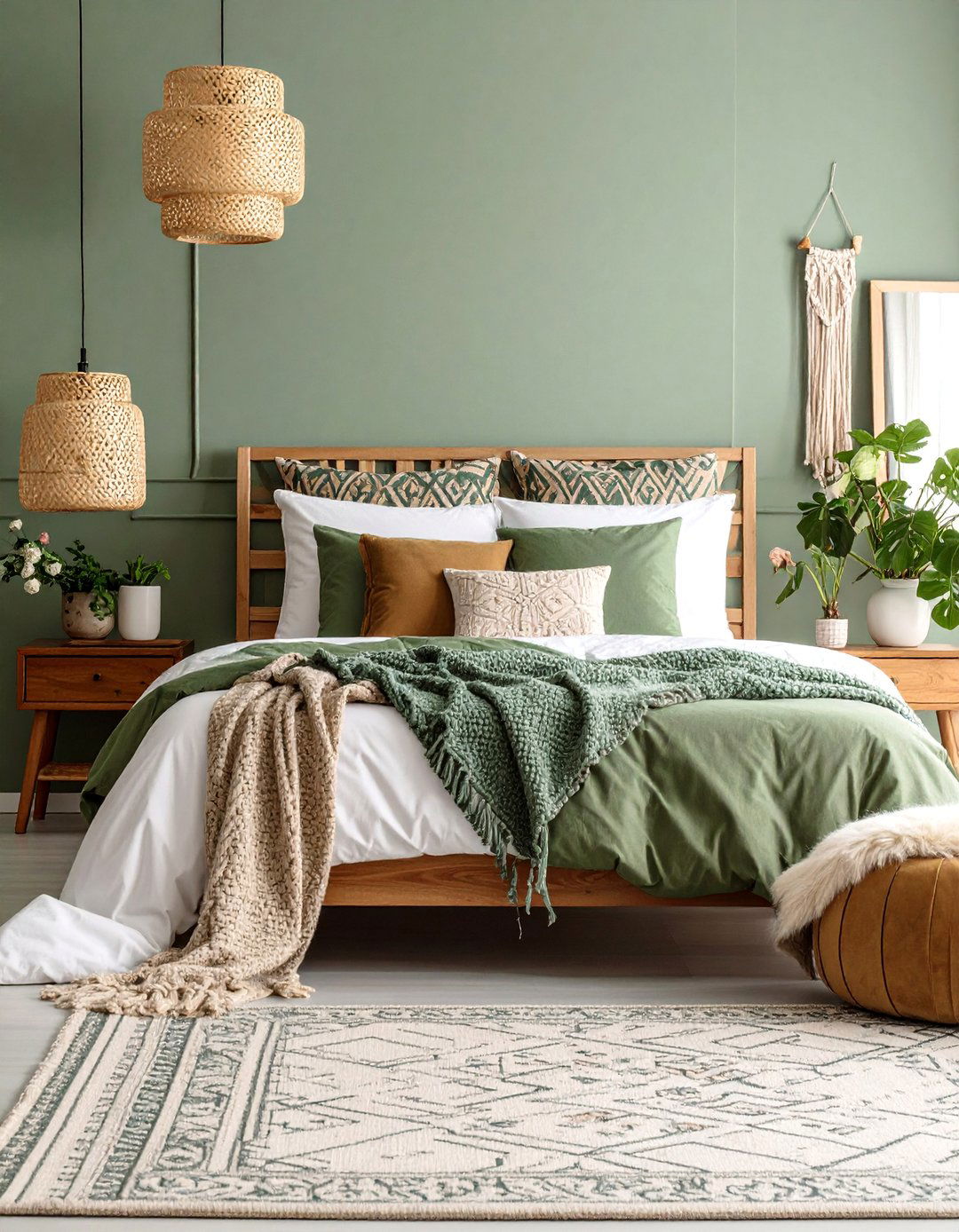 Boho Sage Green Bedroom with Mixed Patterns - 25 Boho Sage Green Bedroom Ideas