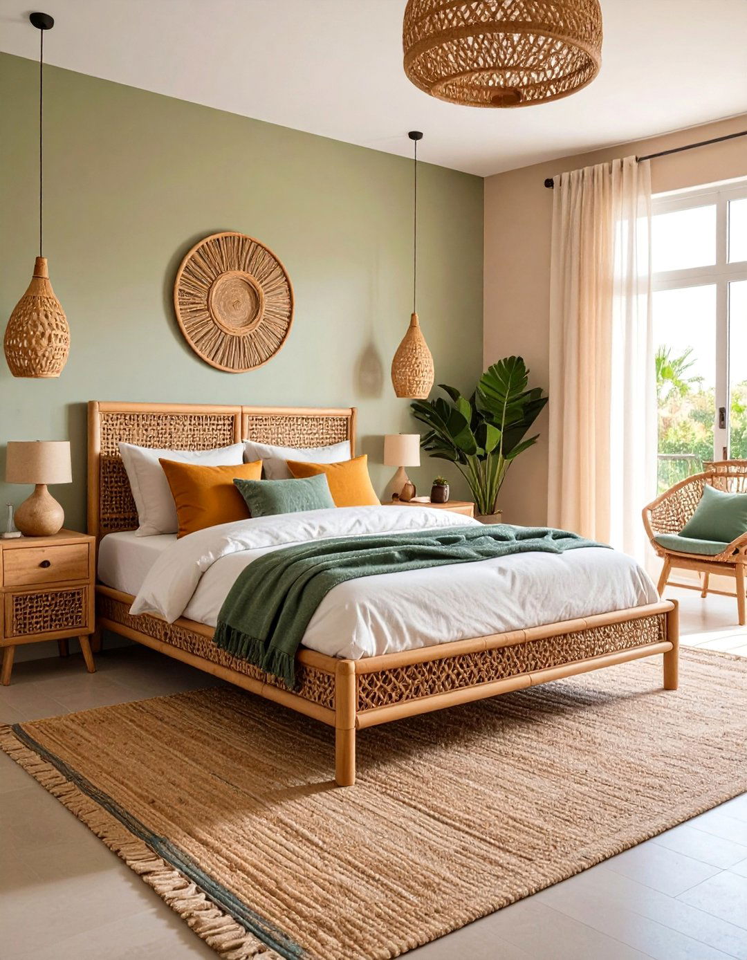 Boho Sage Green Bedroom with Rattan Furniture - 25 Boho Sage Green Bedroom Ideas