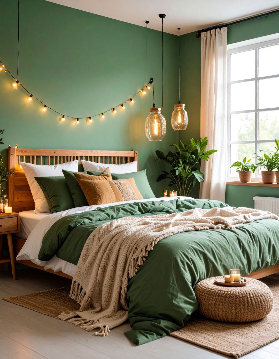 Boho Sage Green Bedroom with String Lights - 25 Boho Sage Green Bedroom Ideas