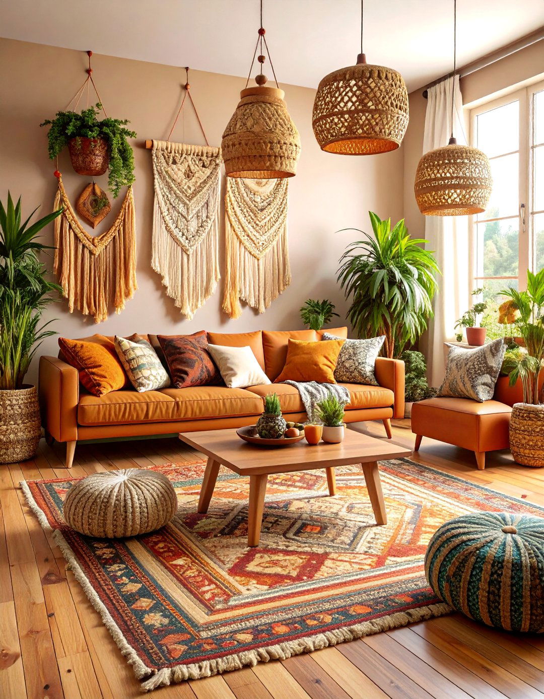 Boho Tan Living Room with Layered Textiles - 25 Tan Living Room Ideas