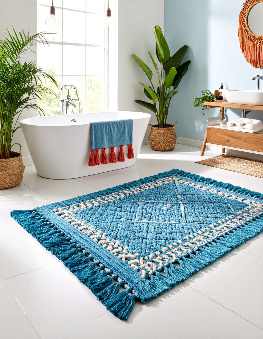Boho Tassel Bath Rug with Natural Fibers - 25 Bathroom Rug Ideas