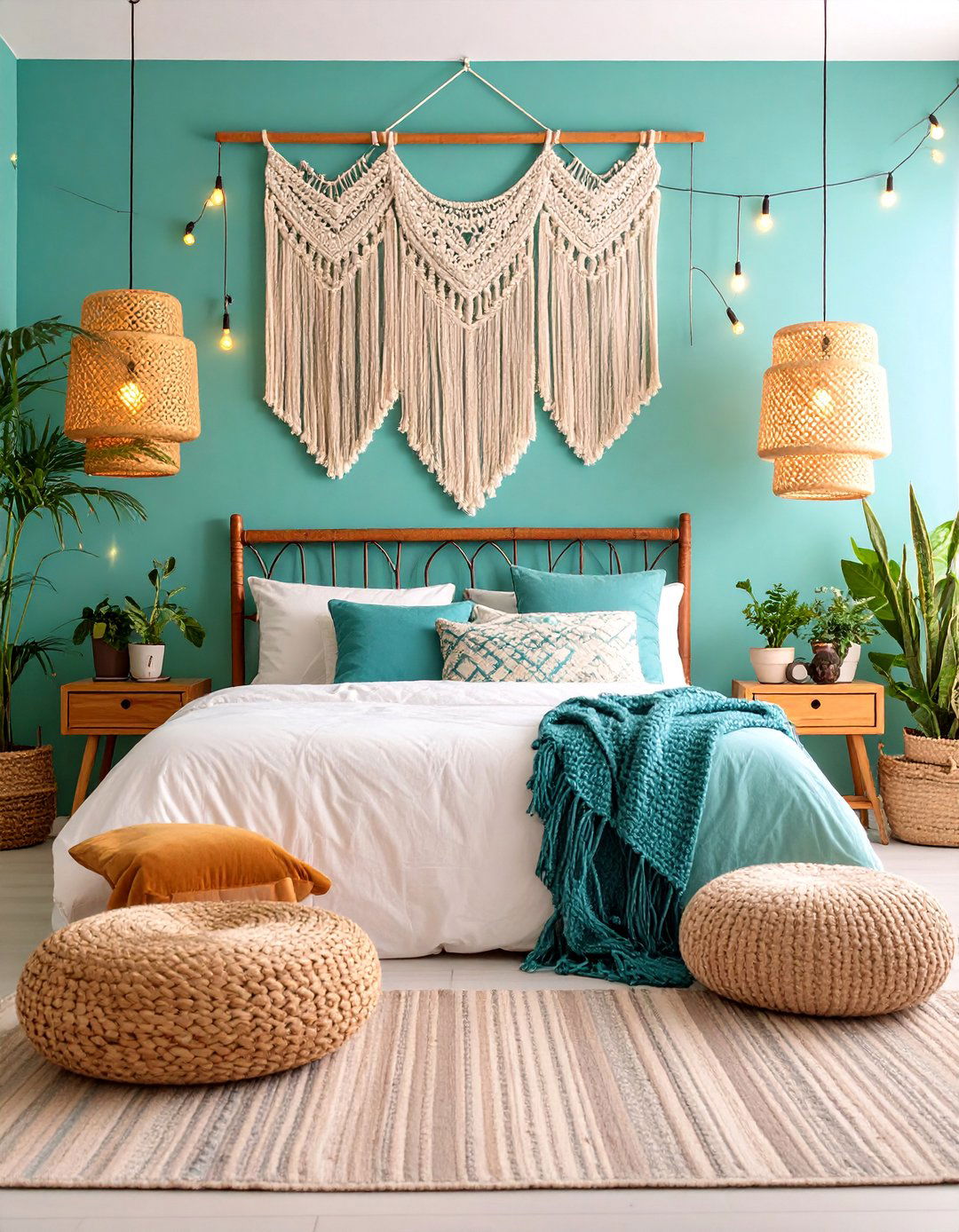 Boho Turquoise Bedroom with Layered Textiles - 25 Turquoise Bedroom Ideas