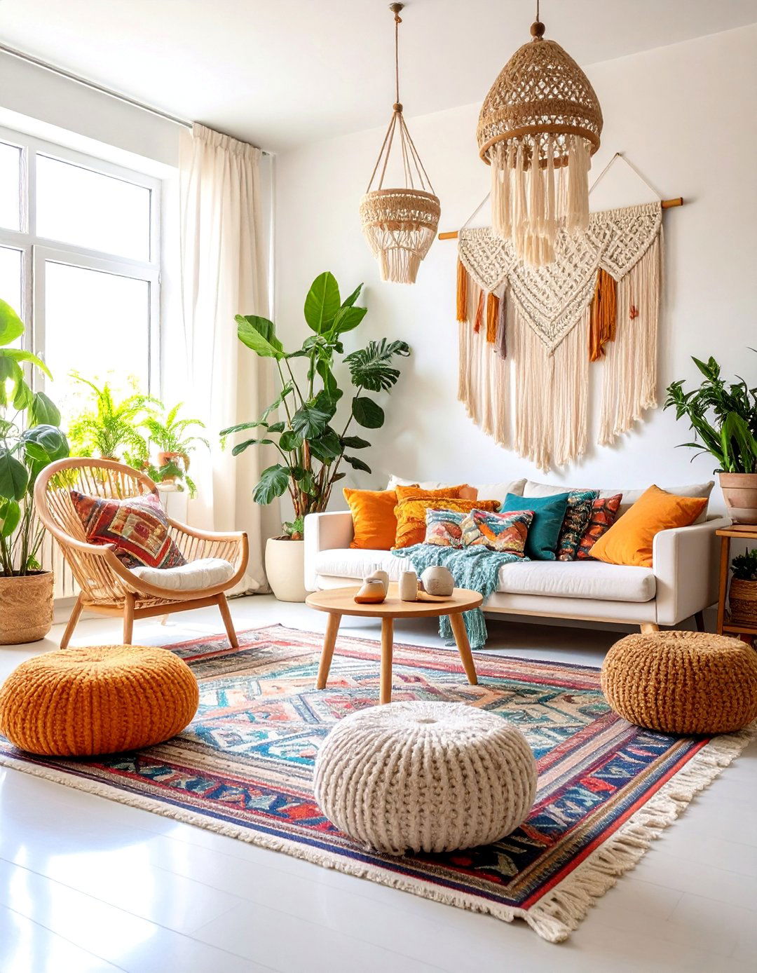 Boho White Living Room with Layered Textures - 25 White Living Room Ideas