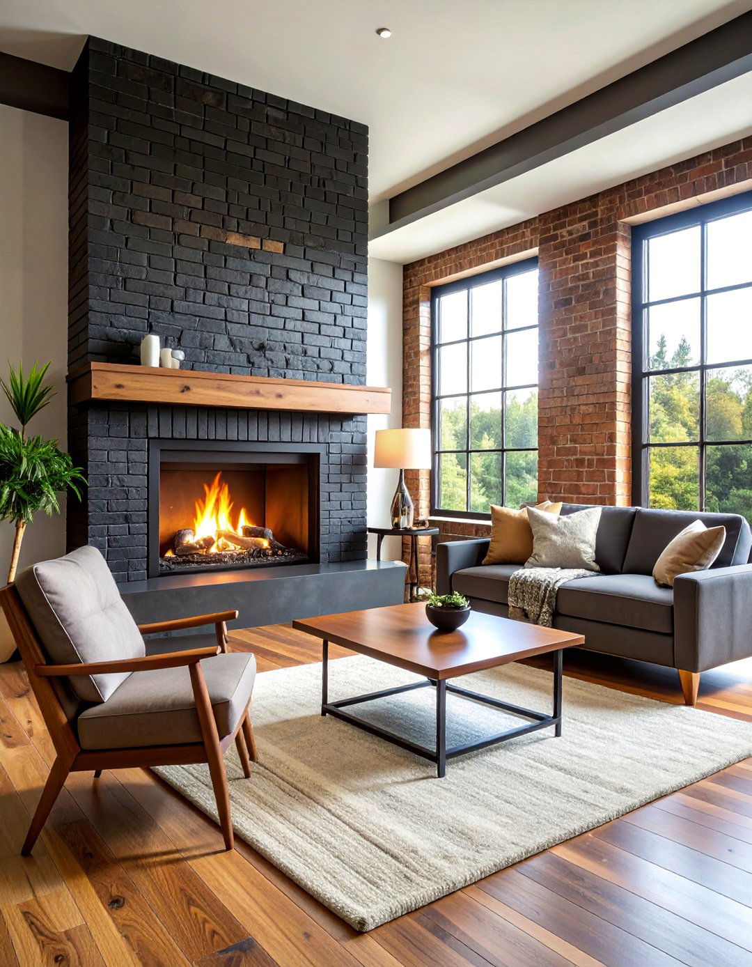Bold Black Painted Brick Fireplace with Modern Metal Accents - 25 Brick Fireplace Ideas