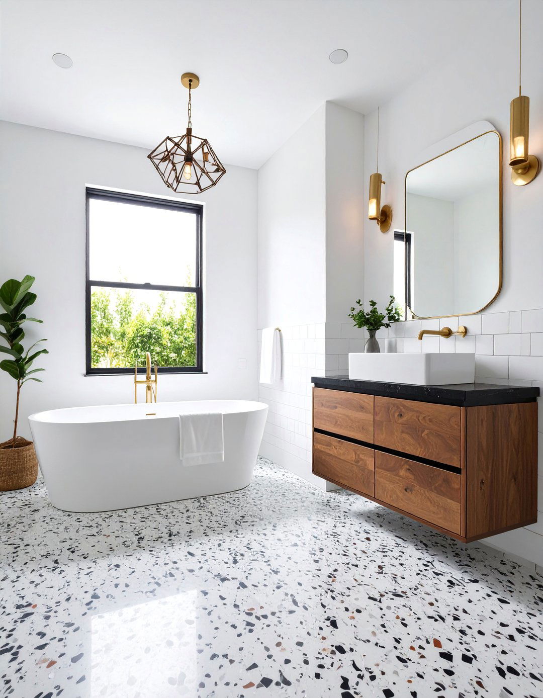 Bold Black Terrazzo Floor with White Subway Tile Walls - 25 Black Floor Bathroom With White Walls Ideas