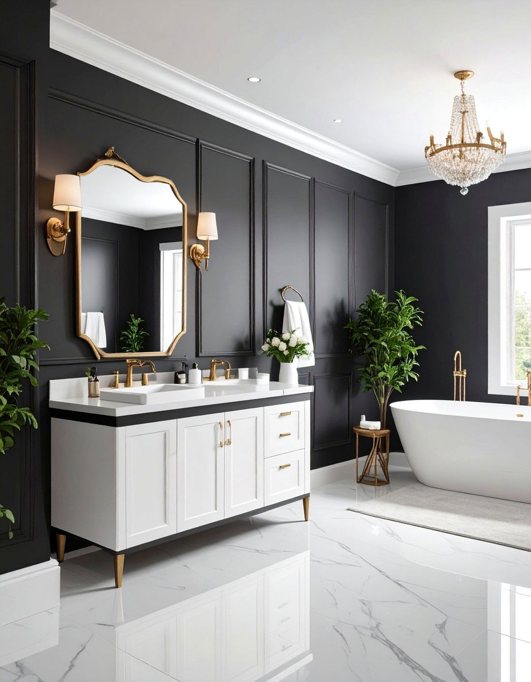 Bold Black Wallpaper with White Trim Contrast - 25 Black and White Powder Room Ideas