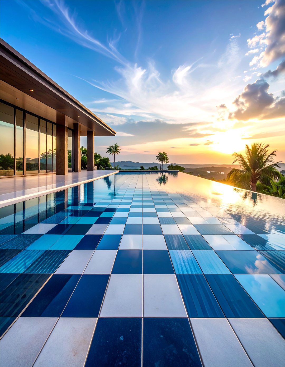 Bold Black and White Checkerboard Pattern - 25 Waterline Pool Tile Ideas