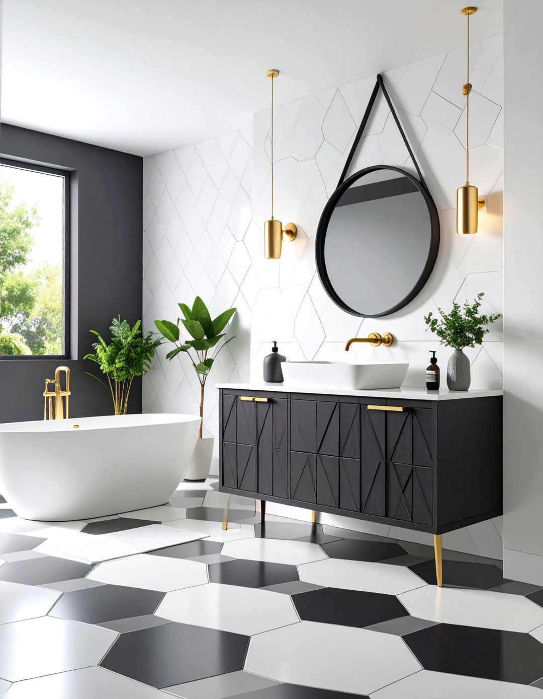Bold Black and White Hall Bathroom with Geometric Tiles - 25 Hall Bathroom Ideas