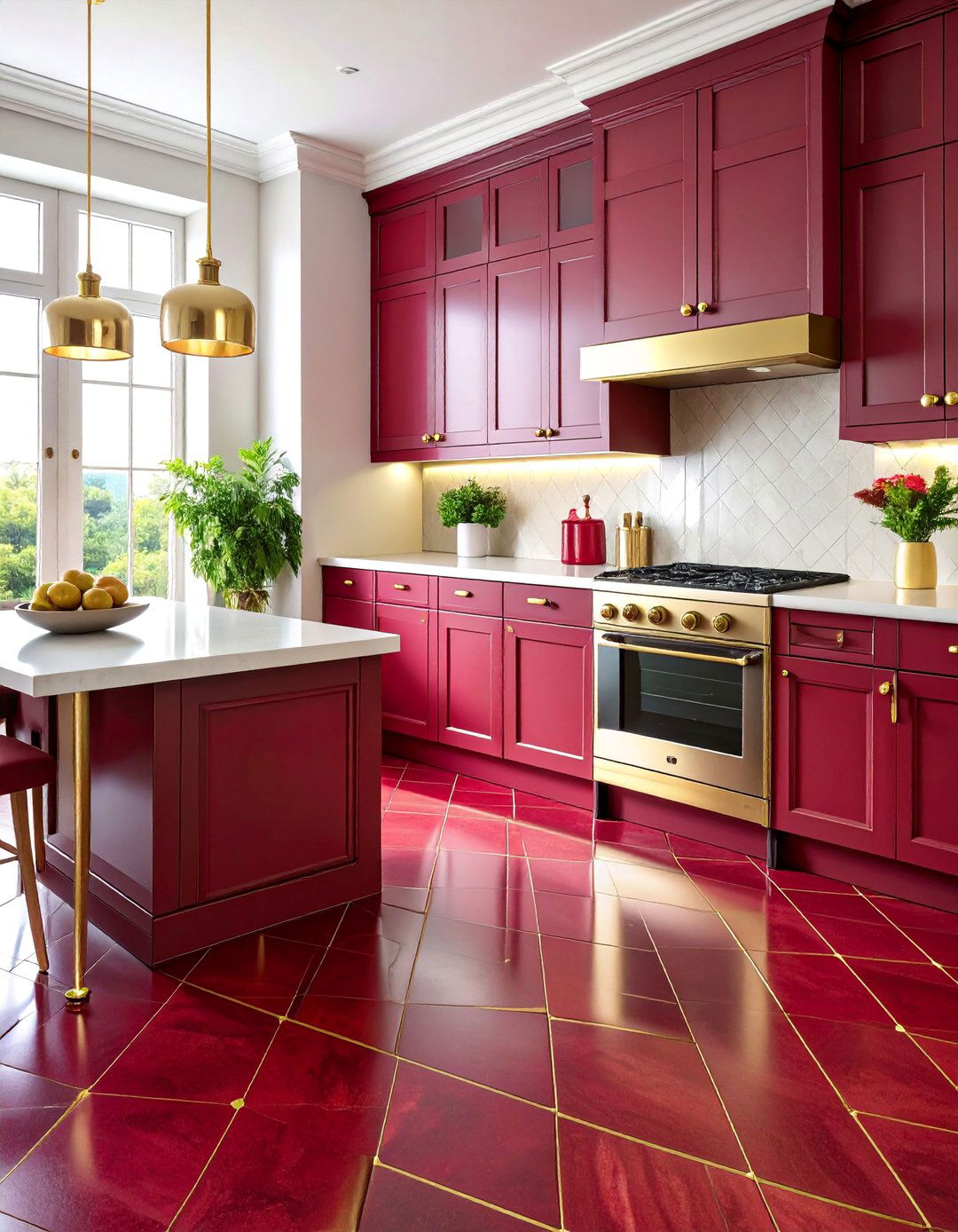 Bold Burgundy Diamond Pattern with Gold Accents - 25 Linoleum Kitchen Flooring Ideas