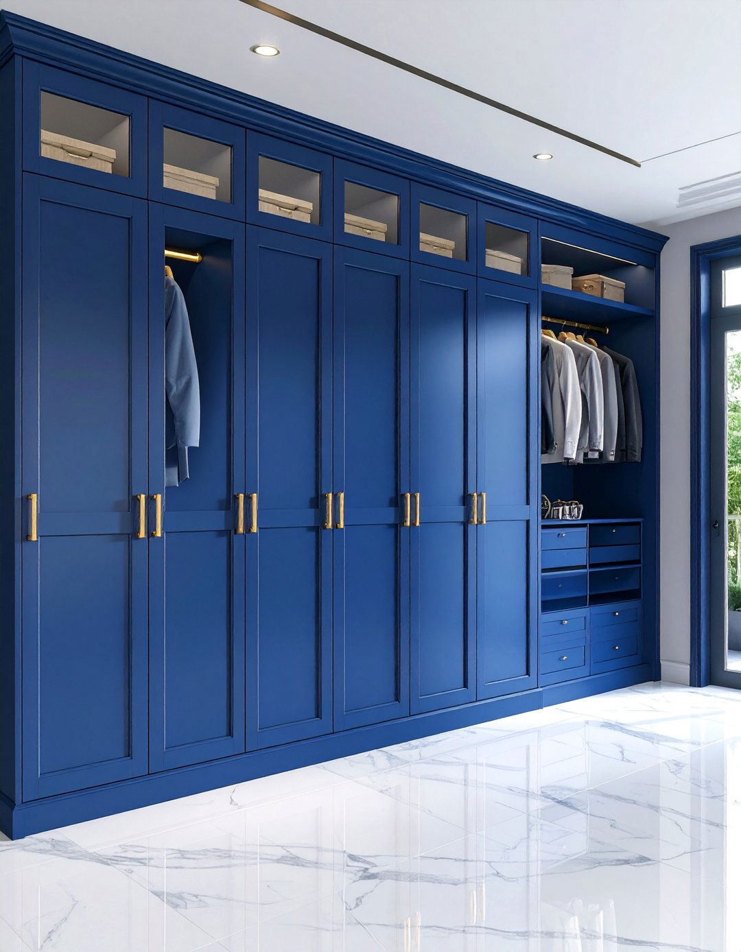 Bold Color Statement Entry Closet with Navy Accents - 25 Entry Closet Ideas