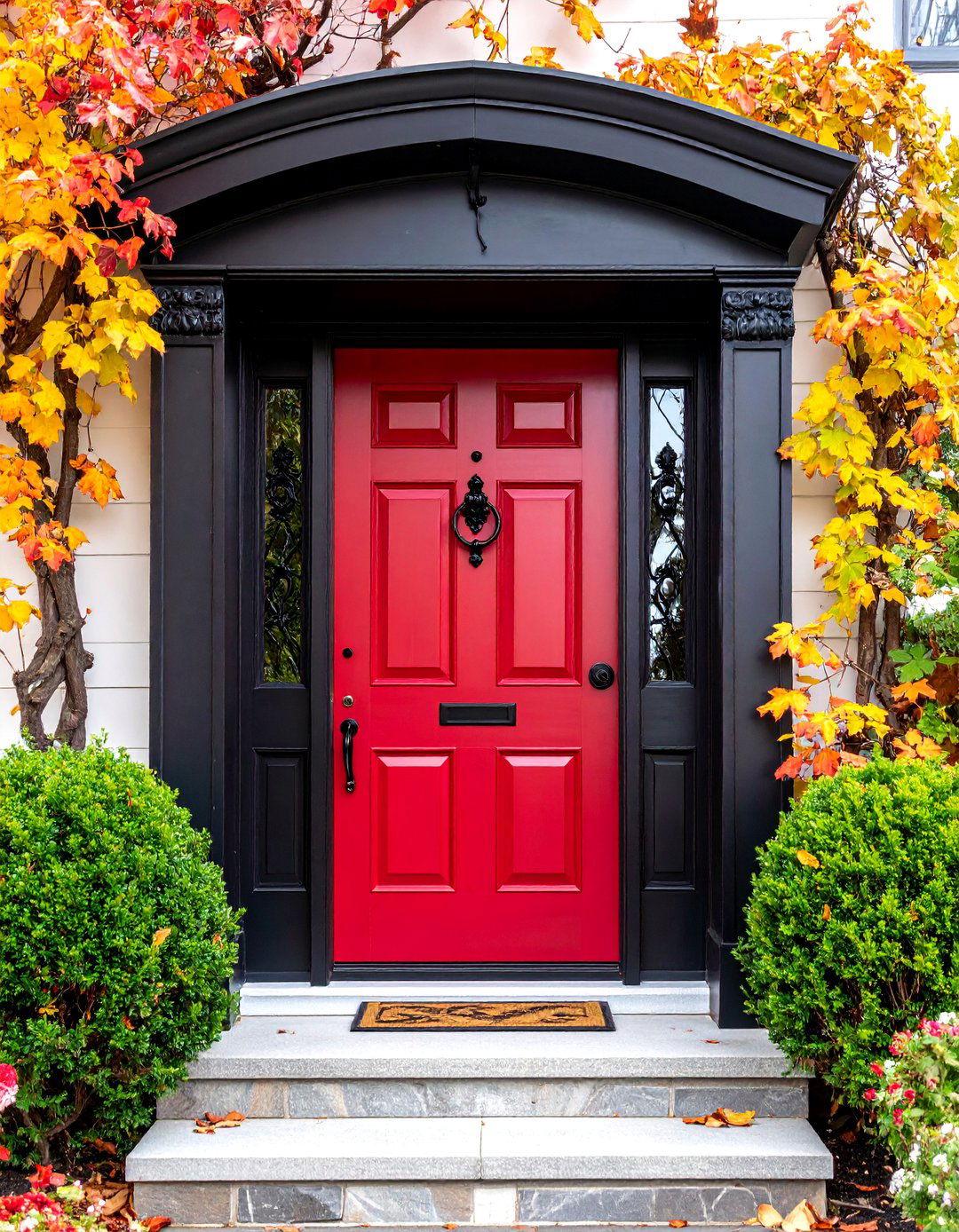 Bold Crimson Red Door with Black Trim - 25 Door Painting Ideas