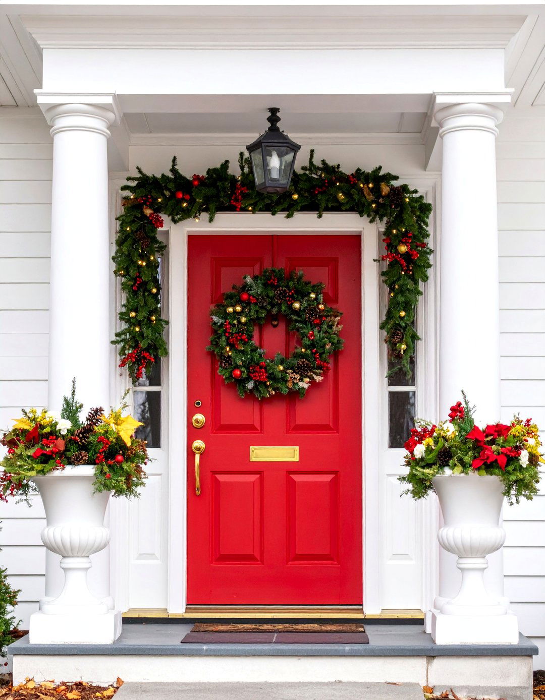Bold Crimson Red with White Columns - 25 Front Door Color Ideas