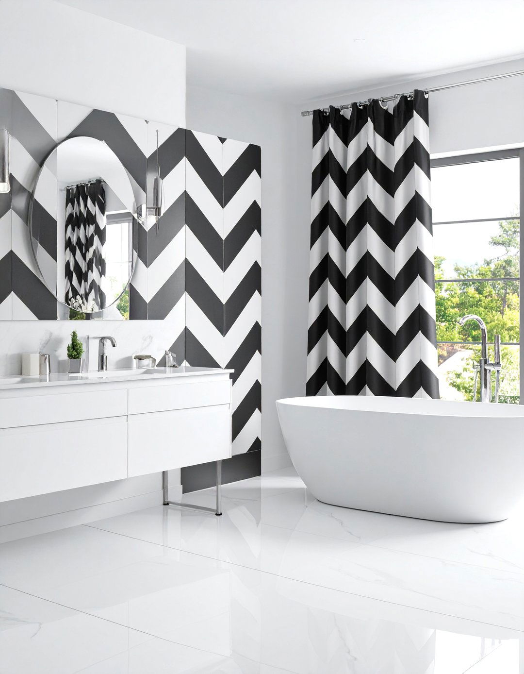 Bold Geometric Pattern Bathroom Curtains with Modern Appeal - 25 bathroom curtain ideas