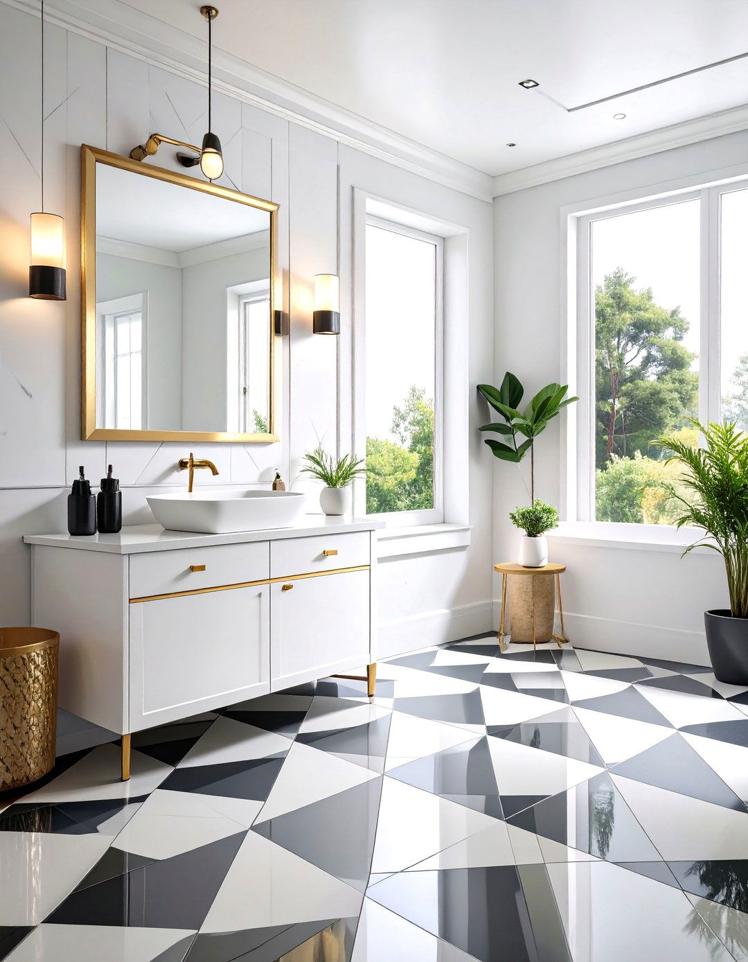 Bold Geometric Pattern Powder Room Floor Tiles - 25 Powder Room Floor Tile Ideas