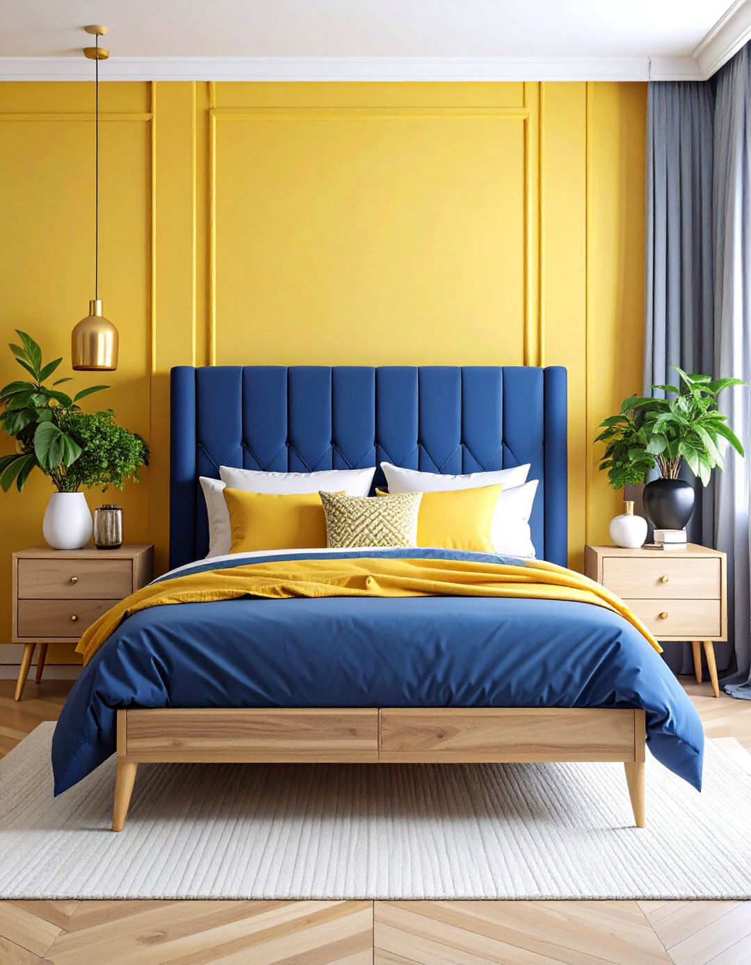 Bold Lemon Statement Wall Bedroom with Navy Accents - 25 Lemon Bedroom Ideas