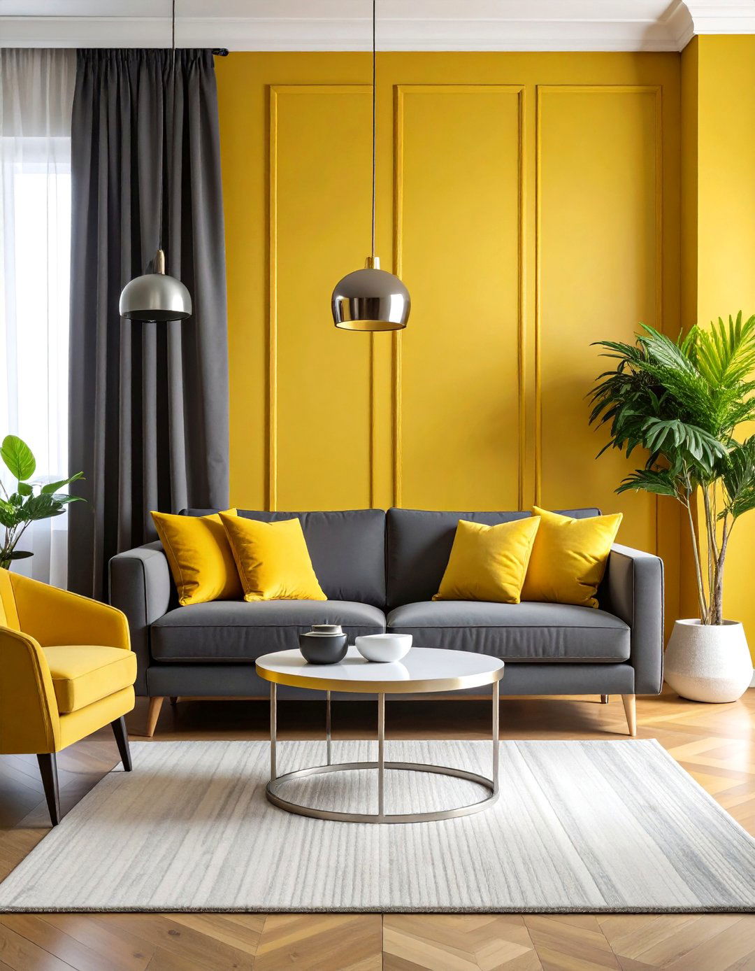 Bold Mustard Yellow Feature Wall Living Room - 25 Grey and Yellow Living Room Ideas