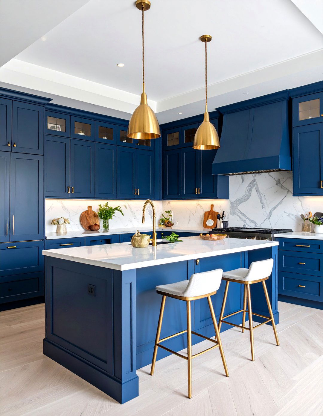 Bold Navy U Shaped Kitchen with Brass Accents - 25 U Shaped Kitchen Ideas