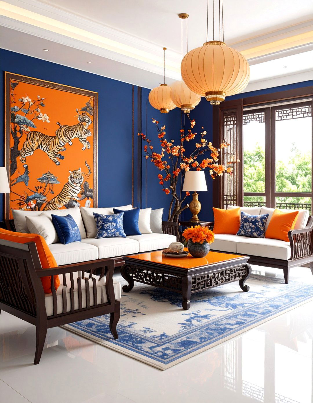 Bold Orange and Navy Living Room - 25 Chinoiserie Living Room Ideas