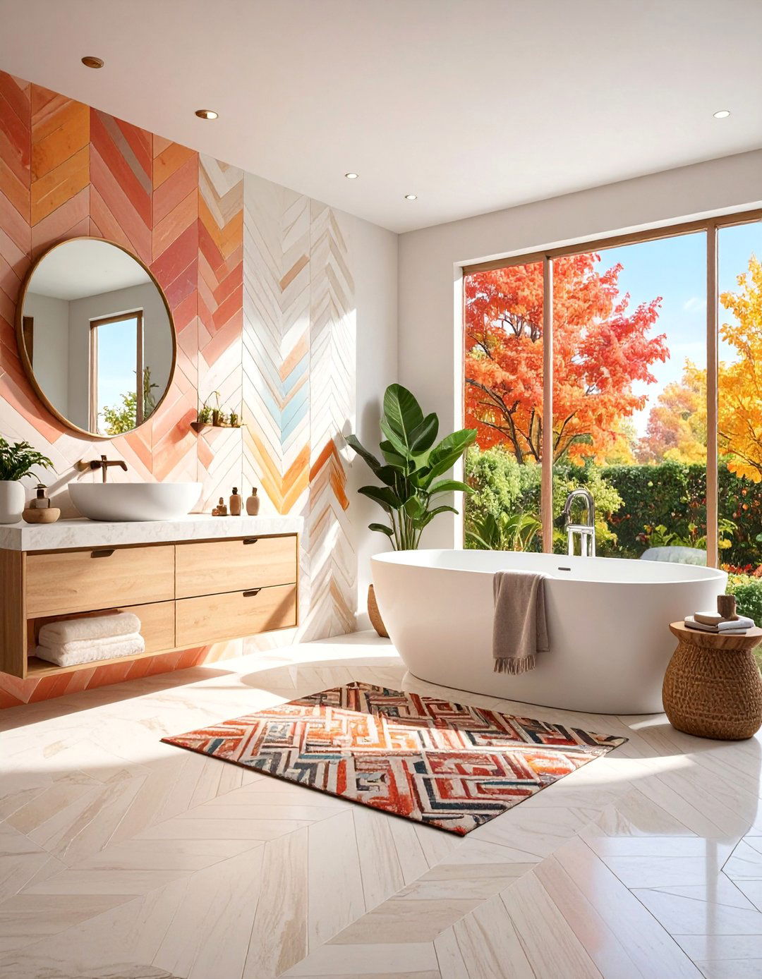 Bold Pattern Travertine Bathroom with Geometric Designs - 25 Travertine Tile Bathroom Ideas
